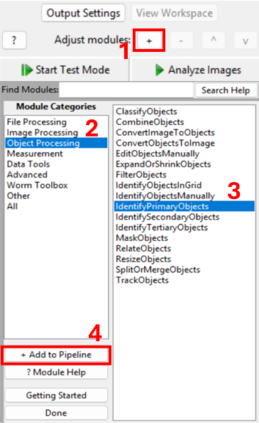 Screenshots of CellProfiler, showing how to add the IdentifyPrimaryObjects module.