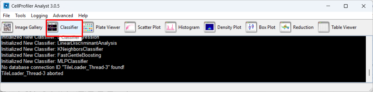 CellProfiler Analyst main window with the Classifier tool highlighted.