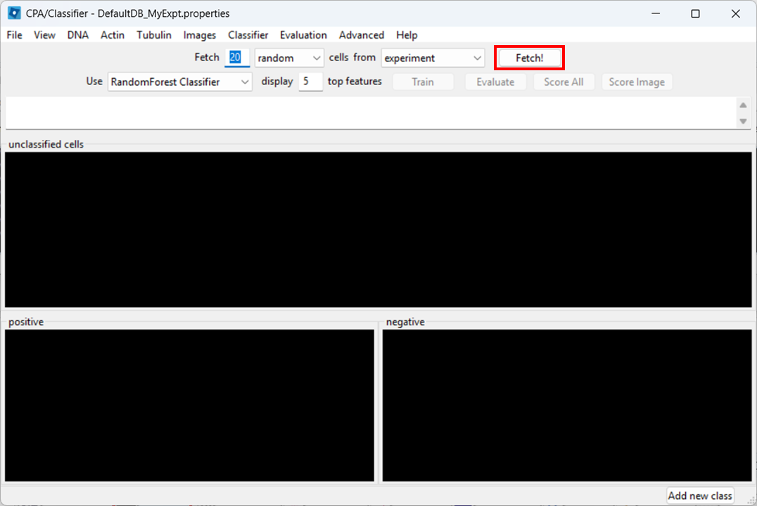 Classifier interface in CellProfiler Analyst showing the Fetch button used to load candidate cell thumbnails for training.