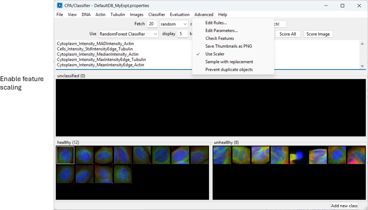 CellProfiler Analyst Advanced settings menu showing the Use Scalar option enabled for feature scaling.