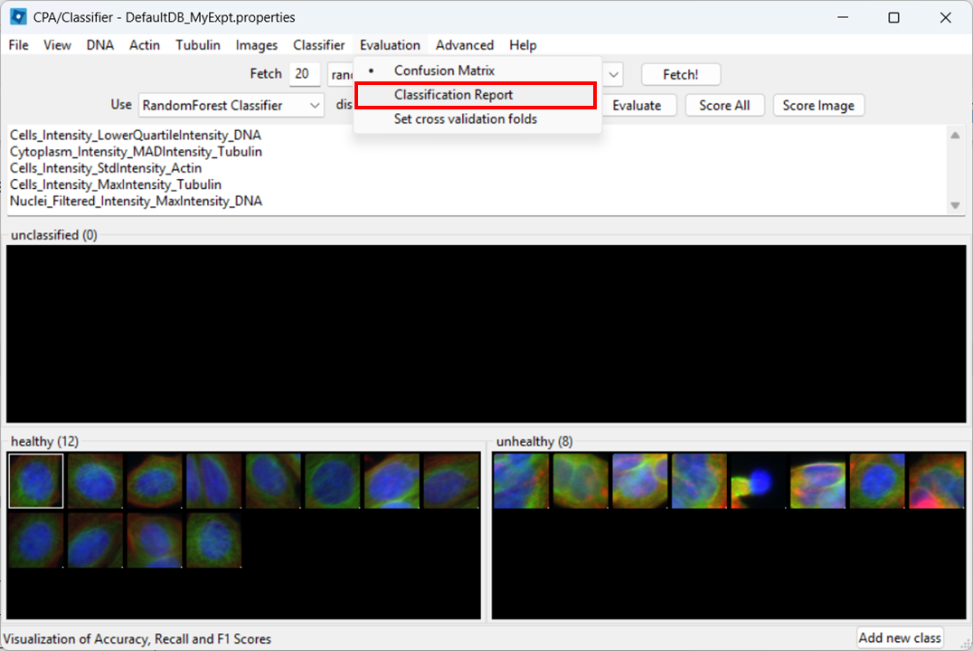 CellProfiler Analyst Evaluation menu with the Classification Report option highlighted.