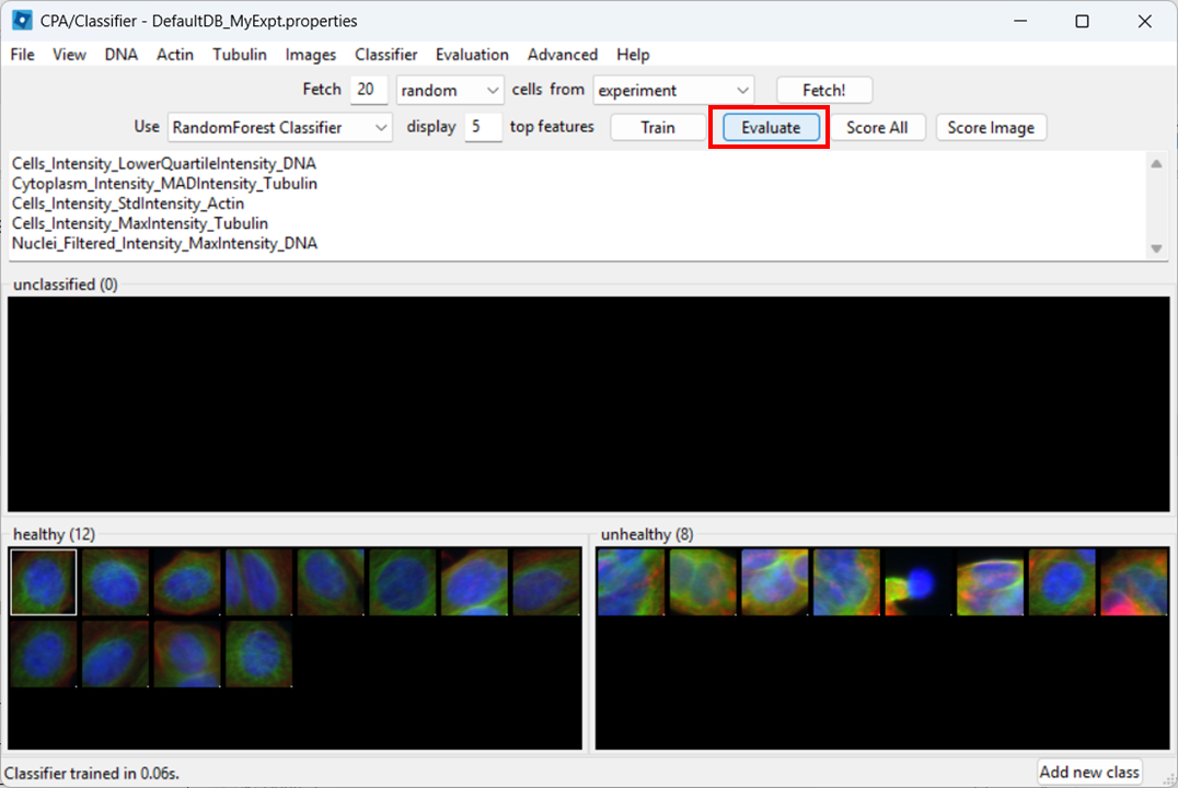 Classifier evaluation panel with the Evaluate button highlighted to generate a classification report.