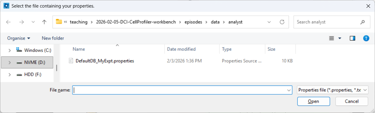 File selection dialog in CellProfiler Analyst used to browse to and select a .properties file.