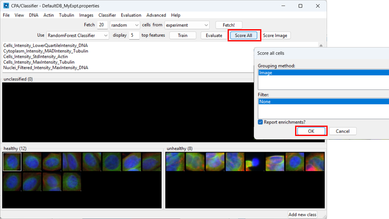CellProfiler Analyst classifier interface with the Score All option highlighted to apply the classifier to all images.