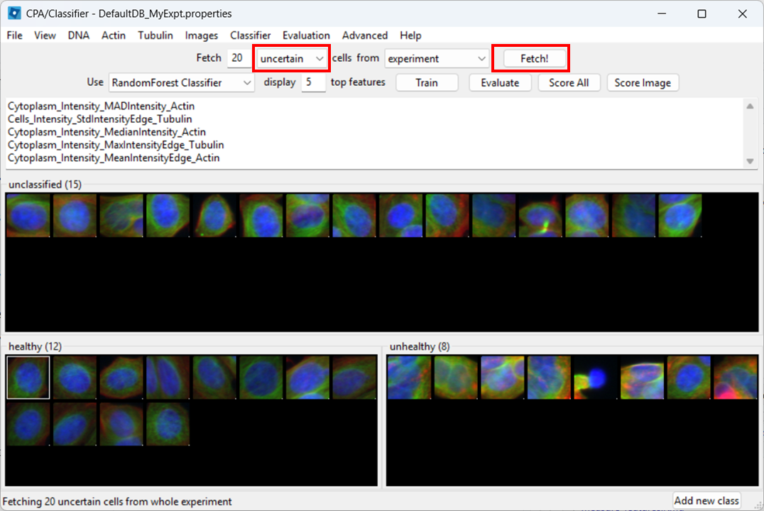CellProfiler Analyst view with option to fetch uncertain predictions highlighted.