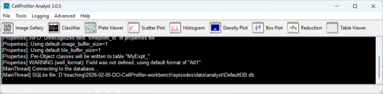 CellProfiler Analyst main window after loading a properties file, showing that the experiment is ready to browse.