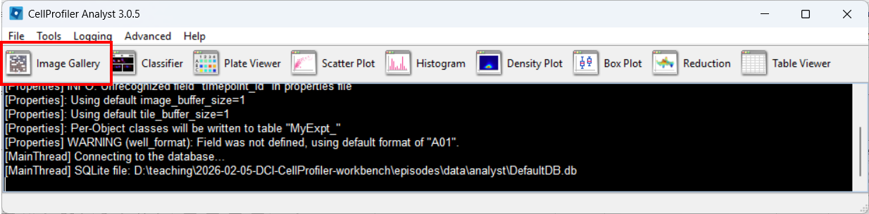 CellProfiler Analyst menu/navigation highlighting the Image Gallery tool.
