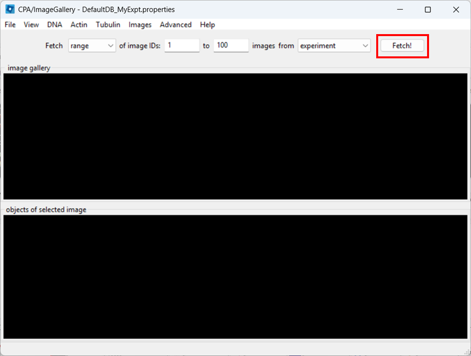Image Gallery in CellProfiler Analyst with the Fetch button highlighted to load image thumbnails from the database.