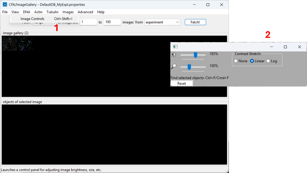 Image Controls window in CellProfiler Analyst showing sliders for contrast adjustments.