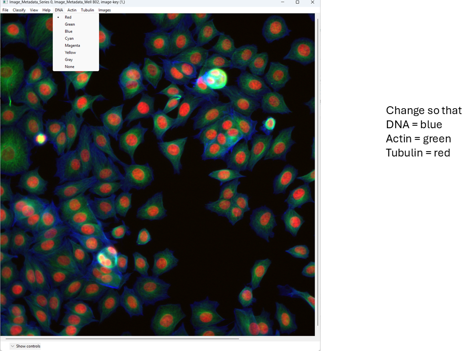 CellProfiler Analyst channel color controls highlighted, showing where to click to change channel-to-color mapping.