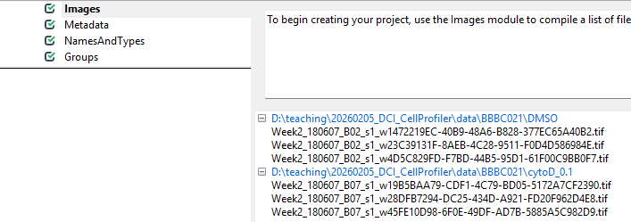 Screenshot of the CellProfiler `Images` module