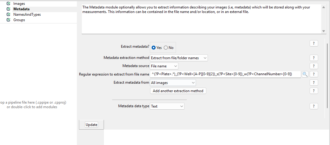 Screenshot of the CellProfiler module `Metadata` with default settings