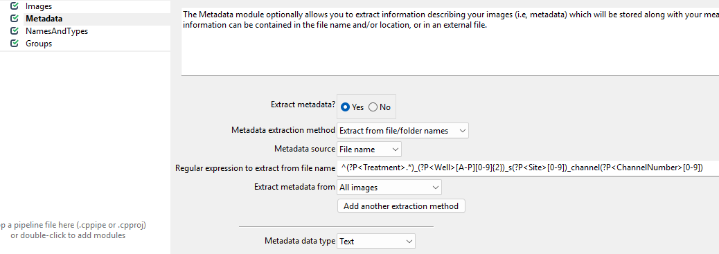 Screenshot showing metadata module settings