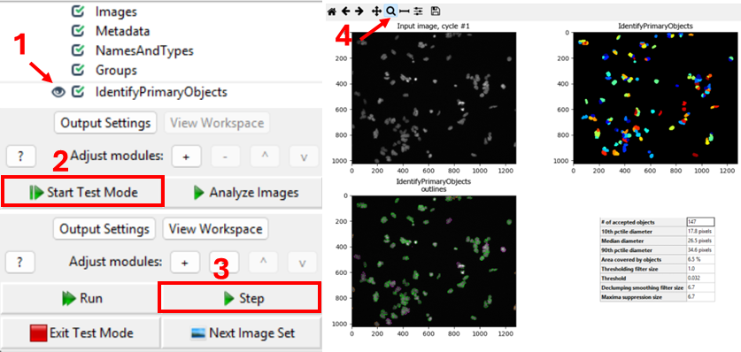 Screenshots of CellProfiler, showing how to use the test interface to see which channel is being segmented.